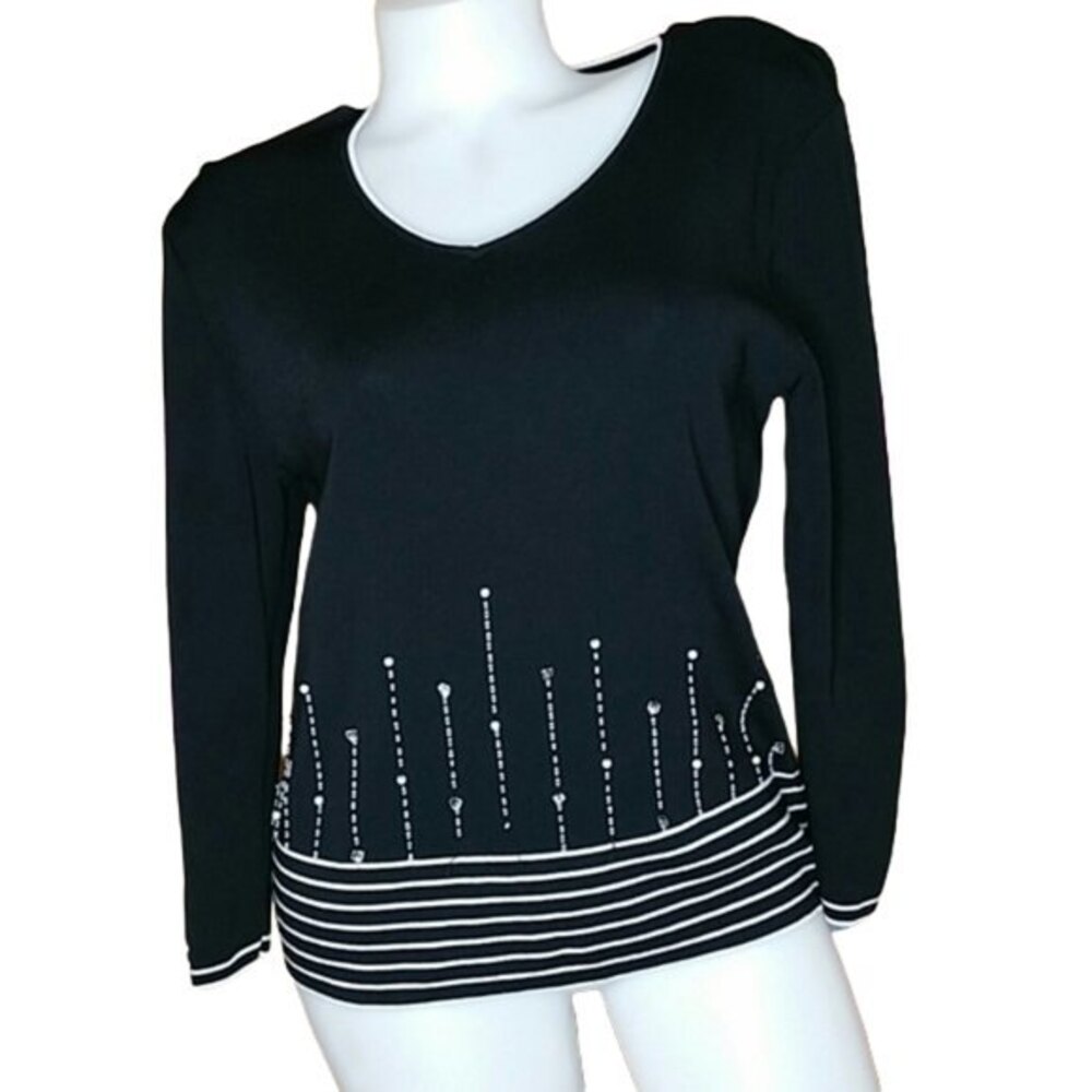 Finity Black V Neck Beaded Long Sleeve Top Womens Size Large